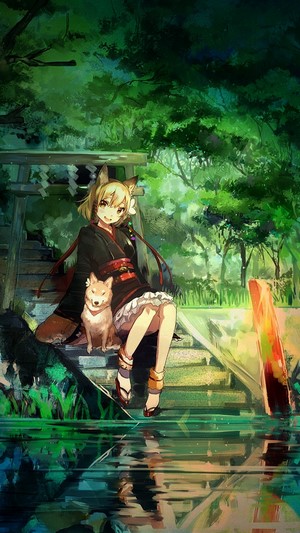 Anime girl with fox ears and a dog by a shrine