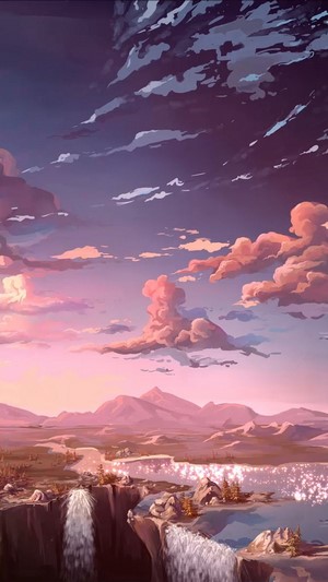 Anime landscape with waterfalls and mountains at sunset