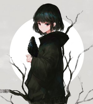 Anime girl with a crow and bare branches