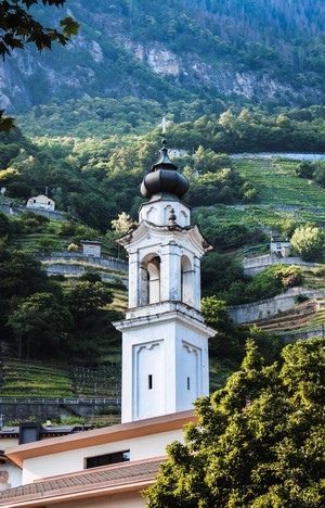 Bell tower in a mountain village with vineyards