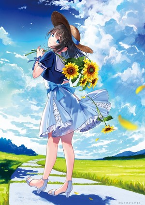 Anime girl with sunflowers and straw hat