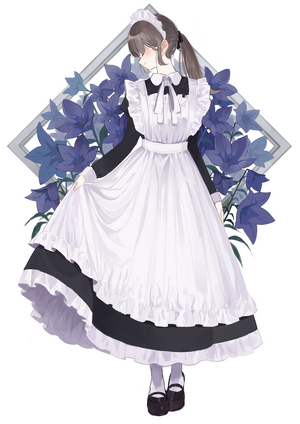 Anime girl in maid outfit lifting dress with flowers