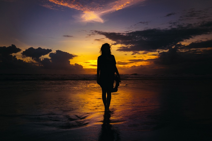 Girl, Woman, 5K, Silhouette, Sunset, Beach