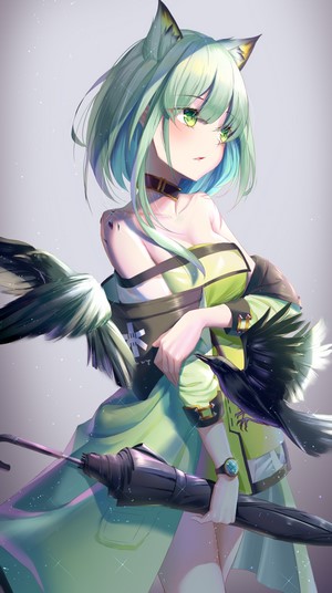 Kaltsit from Arknights holding an umbrella with crows