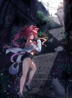 Anime girl with pink hair and cat ears on stairs