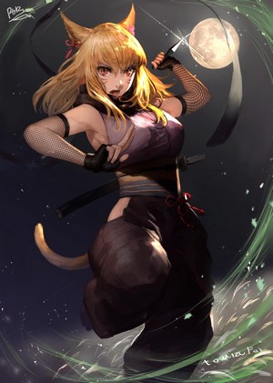 Anime Nekomimi Kunoichi with Katana and Moon