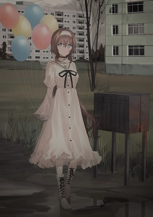 Anime girl with balloons and mailbox