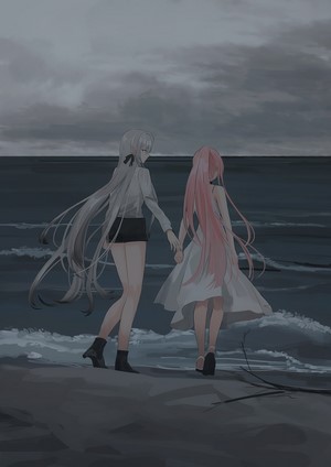Two anime girls holding hands on a beach