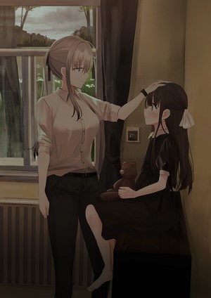 Anime girls with white hair and a teddy bear