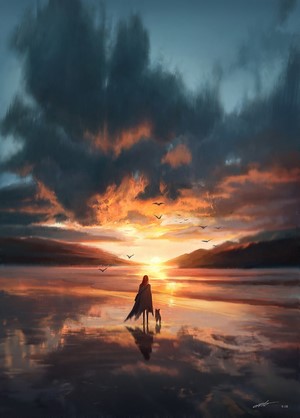 Person and dog on beach at sunrise with dramatic clouds