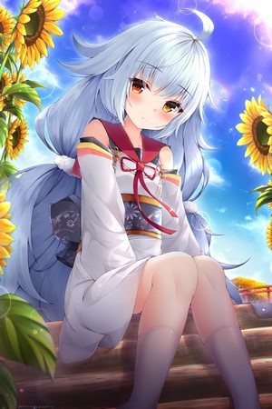 Anime girl with white hair and sunflowers