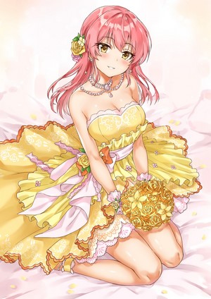 Anime girl in yellow dress holding bouquet