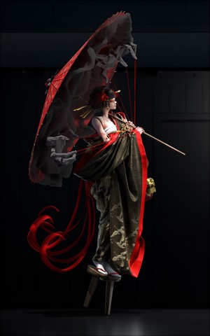 Japanese puppet in kimono with umbrella