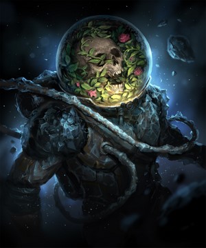 Astronaut with skull and roses in helmet in space