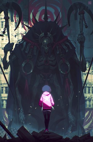 Girl facing a giant skeletal creature with scythes