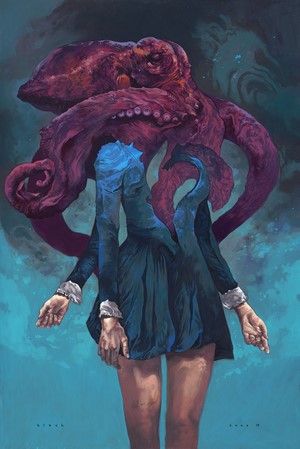 Woman in blue dress with octopus