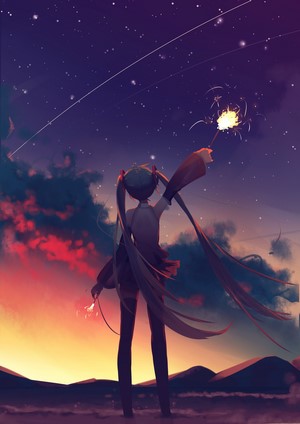 Hatsune Miku holding sparklers at sunset