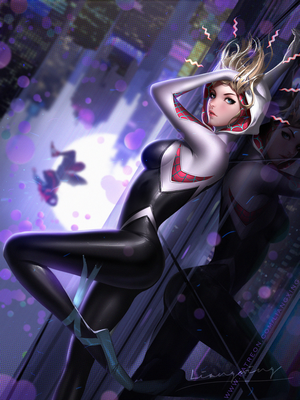Spider-Gwen from Marvel leaning against a building