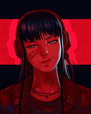 Woman with headphones and band-aid on cheek