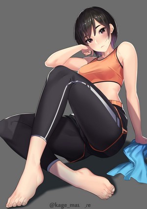 Anime girl in sportswear sitting on the floor