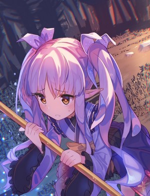 Anime girl with purple hair holding a staff