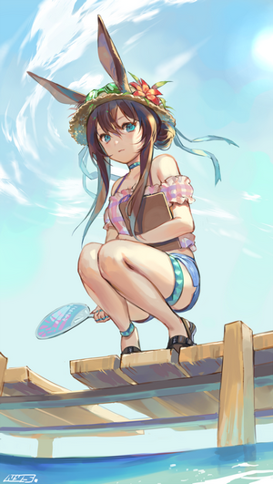 Anime girl with bunny ears on a pier