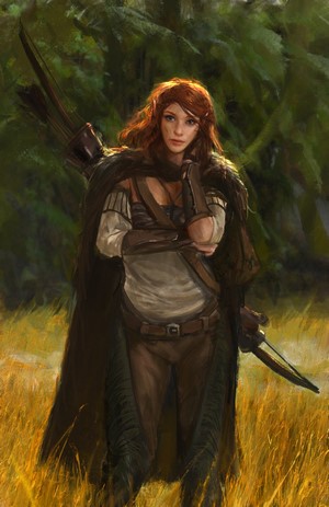 Redheaded elf with bow and arrow in a forest