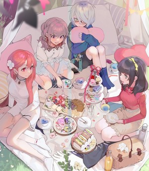 Anime girls having a picnic with food and desserts