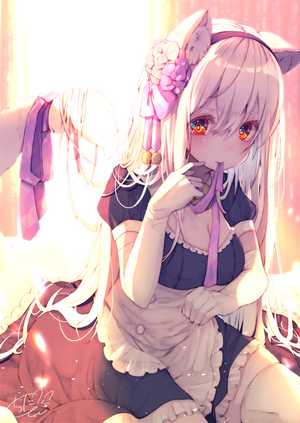 Anime cat girl in maid outfit eating a cookie