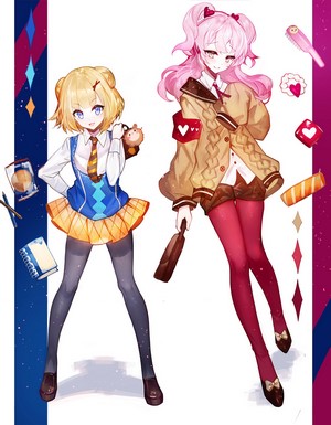 Two anime girls in school uniforms with accessories