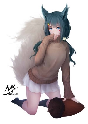 Anime girl with fox ears and tail holding acorn