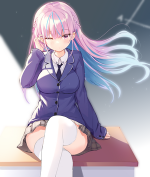 Minato Aqua from Hololive sitting on a desk