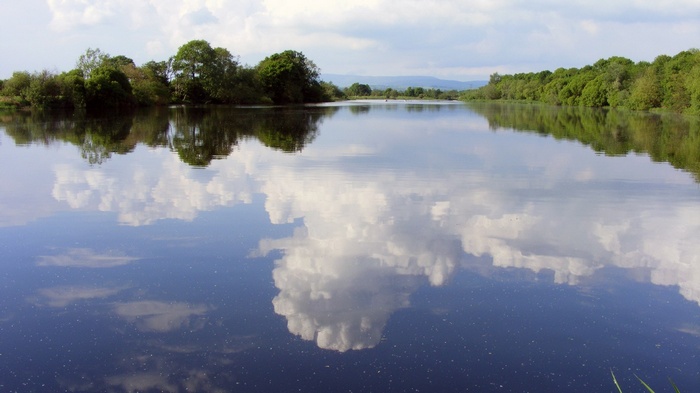 Calm river reflecting trees and clouds
