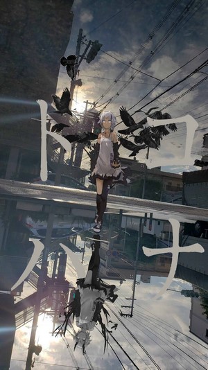 Anime girl with crows reflected in water