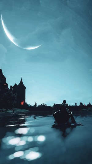 Geralt of Rivia in a boat under a crescent moon