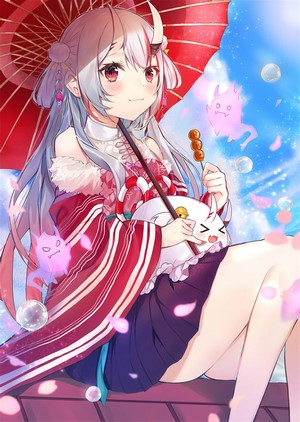 Anime girl with red umbrella and dango