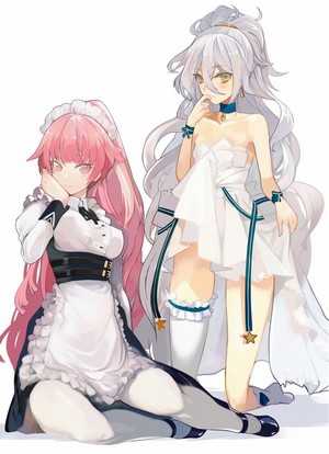 Two anime girls, one in a maid outfit, the other in a white dress