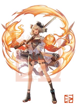 Anime girl with gun and fire