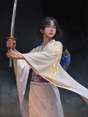 Woman in Japanese kimono holding a katana
