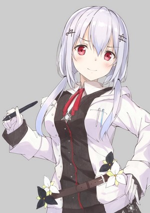 Anime girl with white hair and red eyes holding a pen