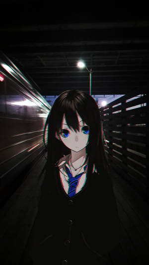 Anime girl in dark railway station at night