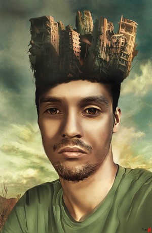 Man with ruined city on his head