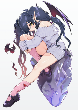 Anime girl with bat wings sitting on a crystal