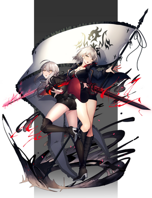 Two anime girls with swords and a banner