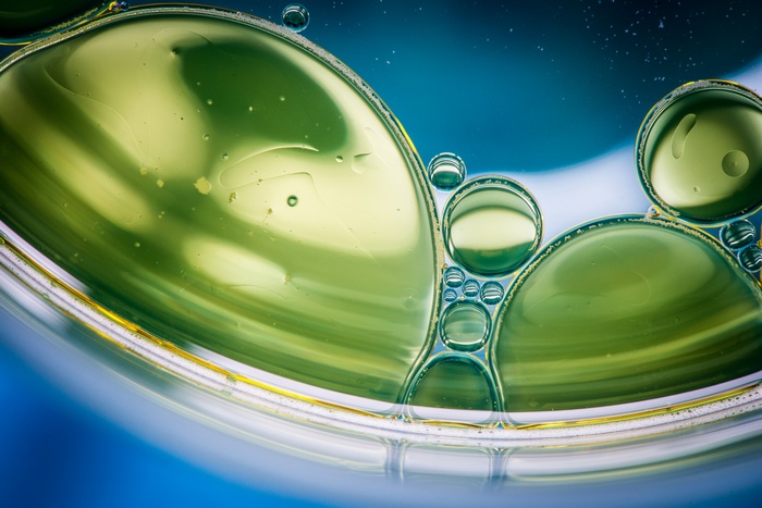 Macro shot of oil and water bubbles