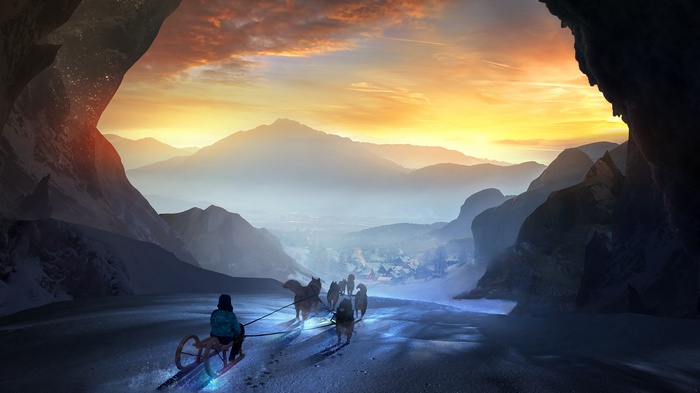 Person riding a sled pulled by dogs in a snowy mountain valley at sunset