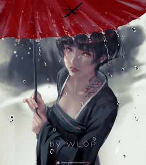 Woman with umbrella in the rain by WLOP