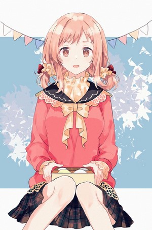 Anime girl with pink hair holding a box of sweets
