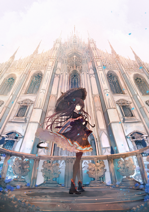 Anime girl with umbrella in front of cathedral
