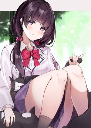 Anime girl with dark hair and cats in school uniform
